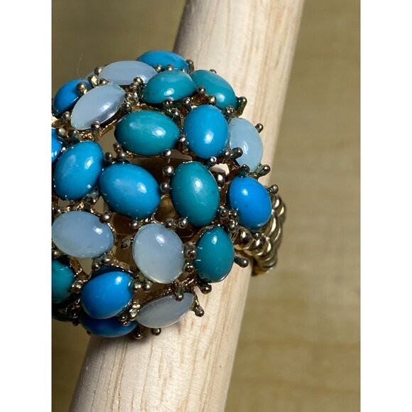 Vintage Turquoise & Moonstone Cluster Dome Cocktail Ring Gold Tone Adjustable - Picture 5 of 5